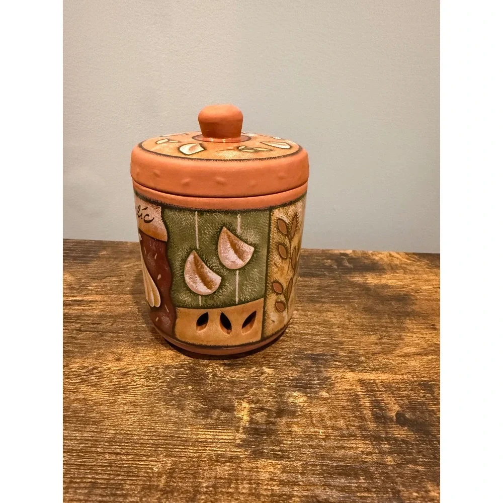Terracotta Garlic Keeper Jar Hand Painted Rustic‎ Ceramic Storage Crock with Lid